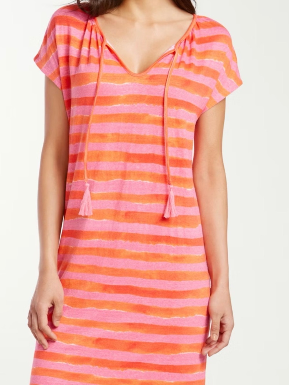 Tommy Bahama Bossa Nova Stretch Linen Pink Orange Watercolor Striped Midi Dress